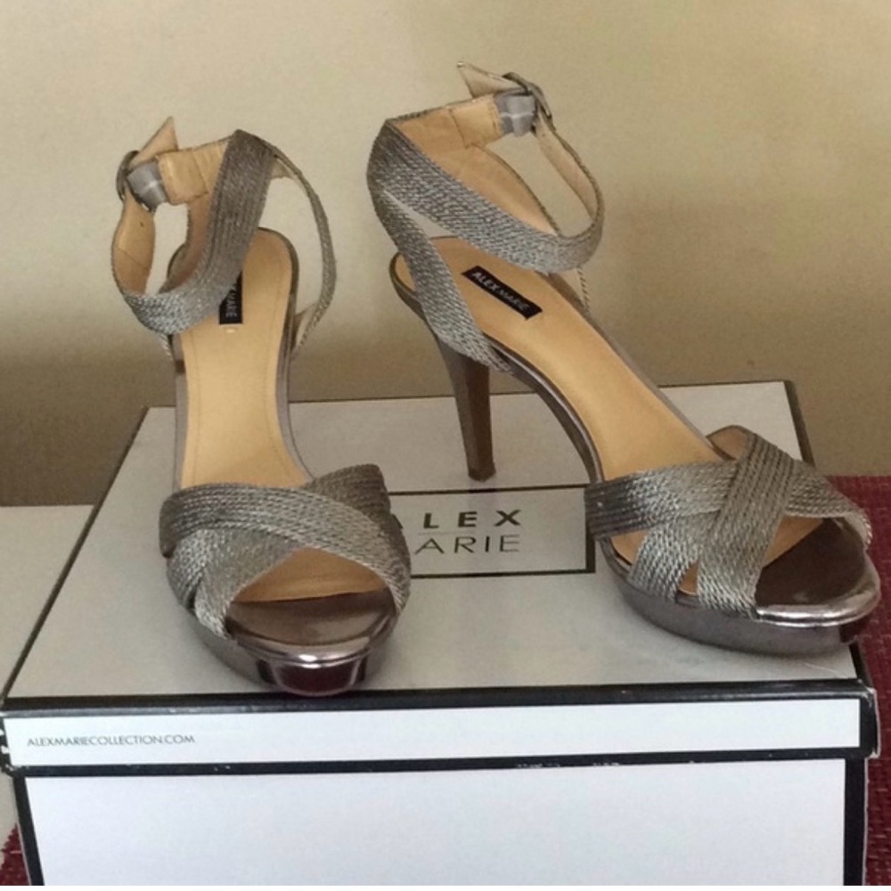 ✨ Stunning Alex Marie Silver Strappy Heels| Metallic Open Toe Sandals| Size: 8